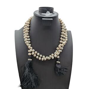 Zacasha Over 62" Knotted Freshwater Pearl Strand Lariat Black Tassel Necklace
